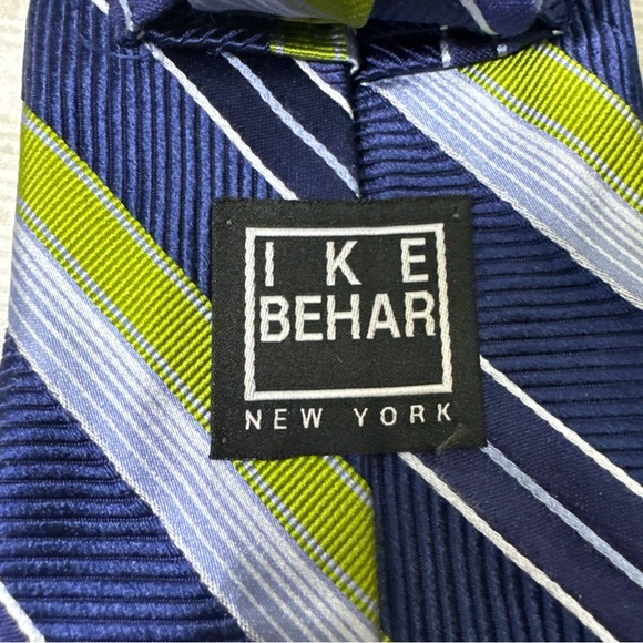 IKE BEHAR NEW YORK Silk Necktie Blue Green Stripes - Picture 2 of 7
